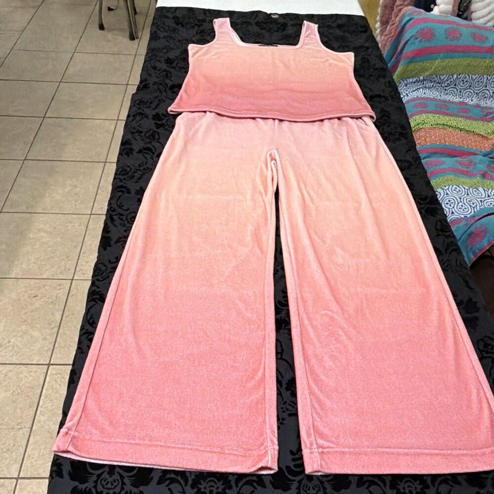 Boston Proper Ombre Terry Lounge Set Pink Coral Tank Wide Leg Pants L